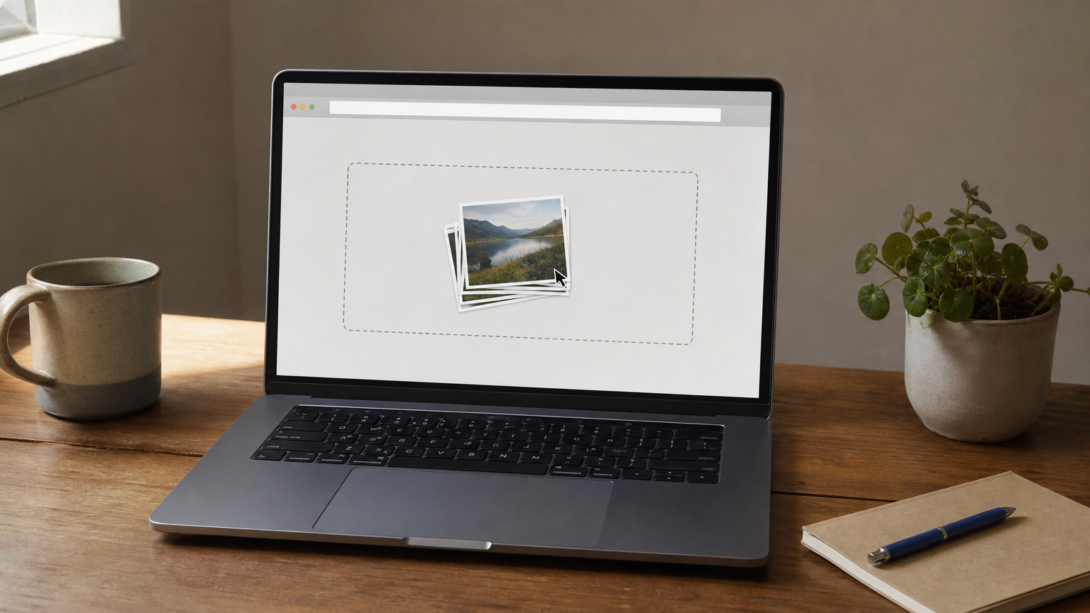 Laptop with photos being converted on a desk