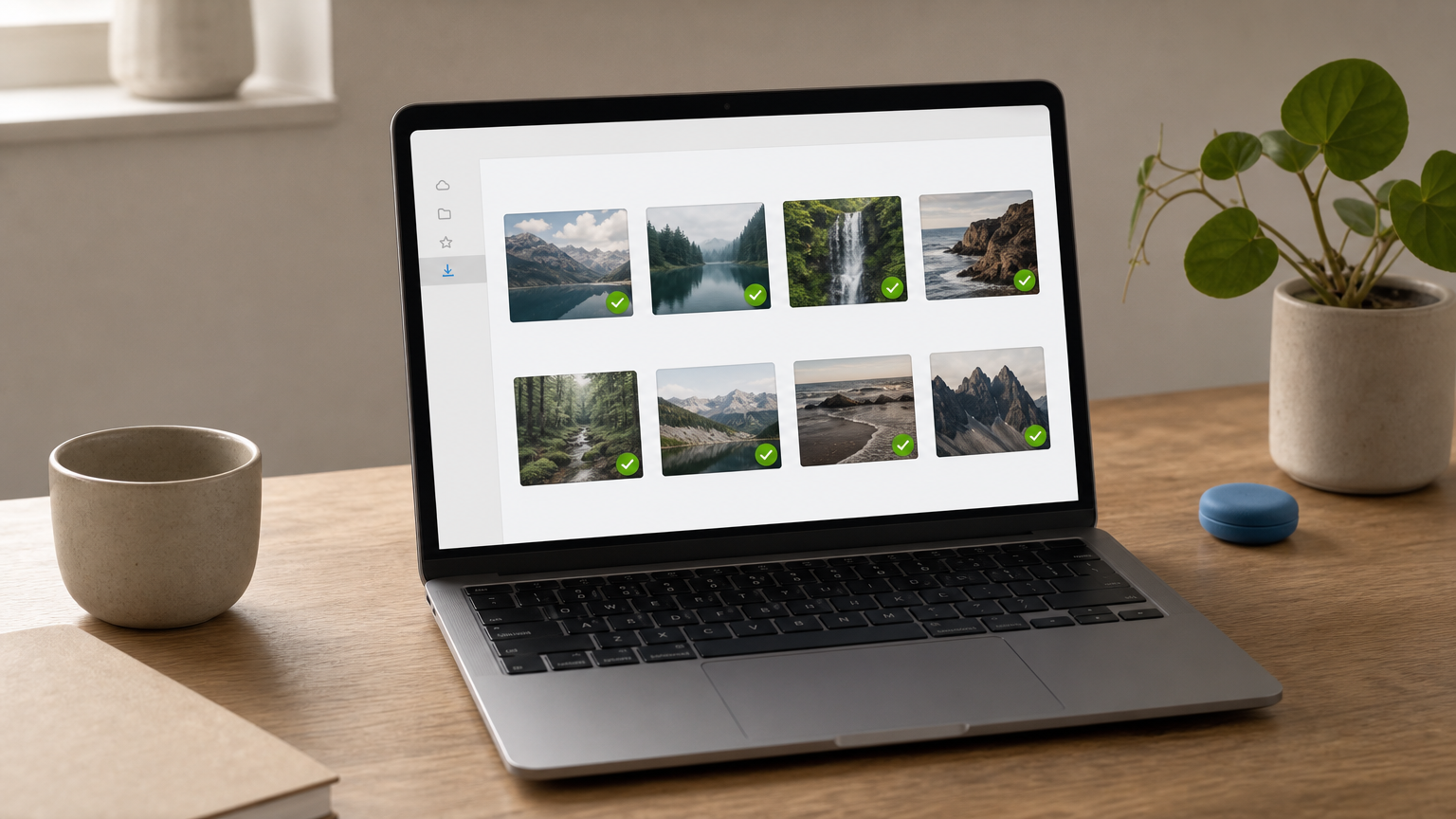 Laptop showing converted product photos on a desk with plants